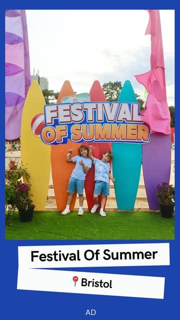 A vlog-style video featuring two young boys reviewing the Festival of Summer in Bristol, showcasing various fairground rides, an urban beach, a paddling pool, mini-golf, and other family-friendly activities.