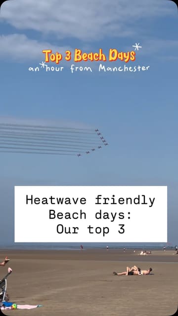 A family-focused travel guide listing three beach destinations within an hour of Manchester, highlighting facilities like playgrounds, splash pads, and parking options.