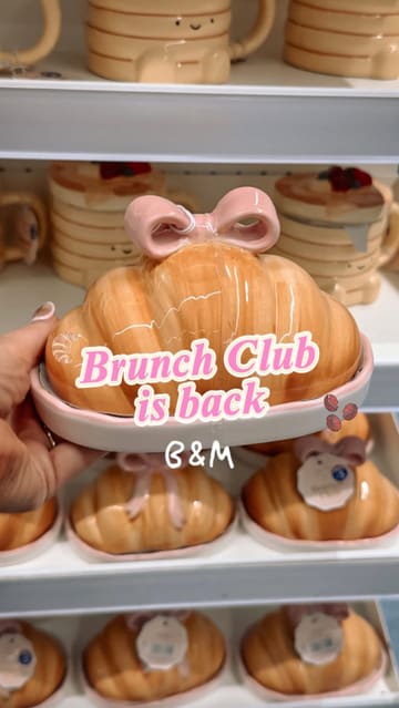 A short, snappy video showcasing a new 'Brunch Club' themed homeware collection at B&M, featuring items like butter dishes, mugs, and plates.