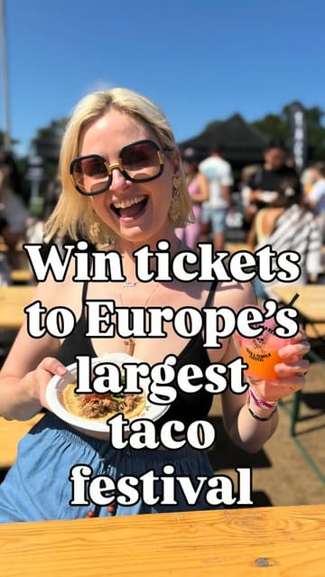 The video is a promotional reel for a taco and tequila festival in Richmond. The creator highlights the event, mentions the number of food vendors, emphasizes the gluten-free options available, and showcases the live music and drinks, all while running a ticket giveaway.
