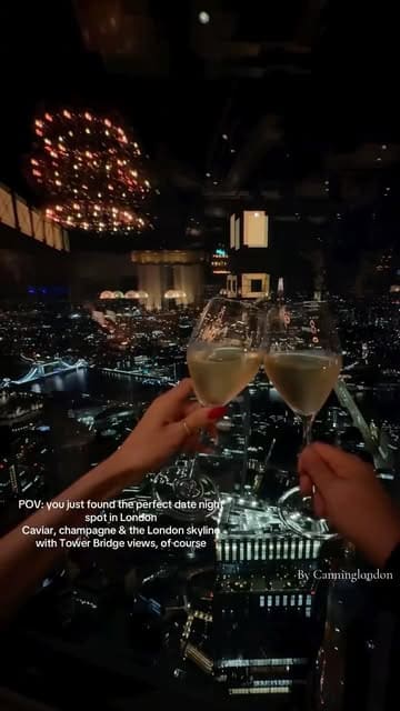 A short, aesthetic reel showcasing a high-end London restaurant with views of Tower Bridge, featuring caviar and champagne.
