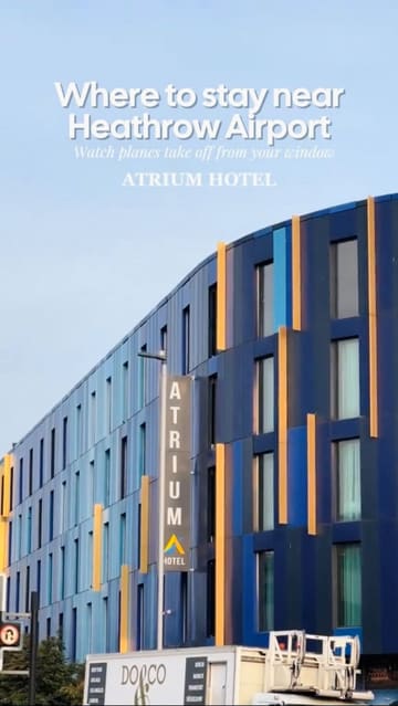 A travel vlog showcasing a stay at the Atrium Hotel near Heathrow Airport, highlighting the convenience for early flights, the room amenities, leisure facilities like the pool and gym, and the runway views.