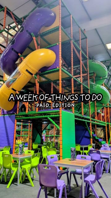 A fast-paced listicle video showcasing a week of paid activities for children in South Wales, featuring various soft play centers, an inflatable park, and a wildlife park. Each clip is clearly labeled with the day of the week and the venue name.