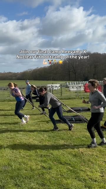 A promotional video for a women's fitness bootcamp at the Nuclear Fit obstacle course, featuring various exercises like sled pulls, tire flips, and obstacle navigation to encourage sign-ups.