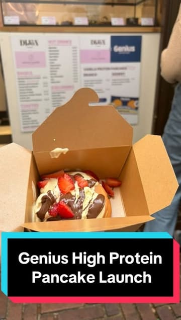 A creator visits a gluten-free event in Hampstead to try new protein pancakes from a brand collaboration, while also sampling pizza from the host venue, Dijon's Cafe.