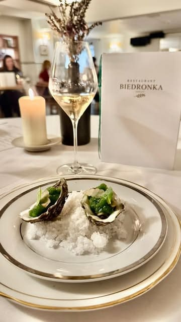 A montage showcasing a fine dining Polish restaurant experience, featuring a set menu with dishes like oysters, pierogi, and duck, set within a cozy, candlelit venue.