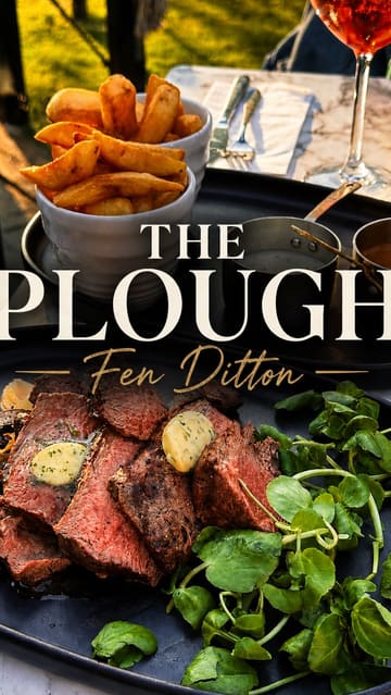 A montage video showcasing the renovated Plough pub in Fen Ditton, highlighting its outdoor garden, riverside setting, pizza oven, and a selection of pub classics including steak and dessert.