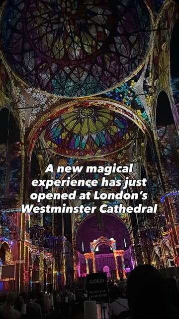 A montage of clips showcasing the 'Luminiscence' immersive projection concert at Westminster Cathedral, featuring light displays projected onto the cathedral's architecture.