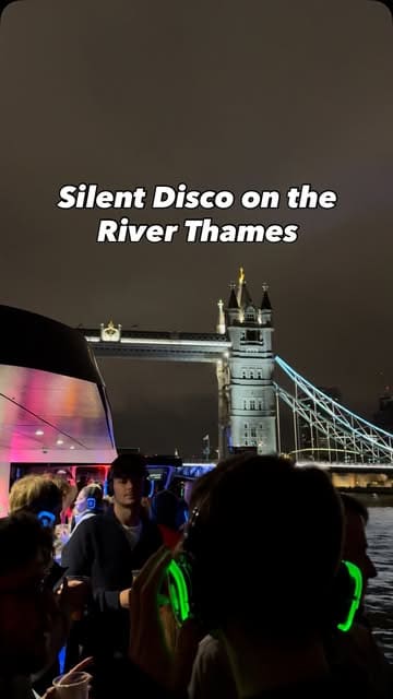 A montage of a silent disco boat party on the River Thames at night, showcasing the crowd dancing with headphones and views of iconic London landmarks like Tower Bridge and The Shard.