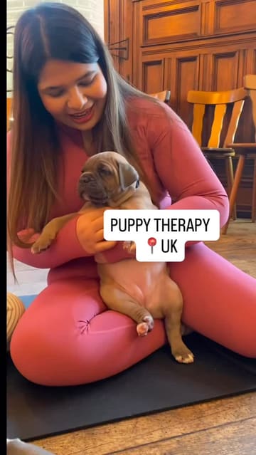 A vlog-style video featuring a creator and her mother attending a puppy therapy session followed by a meal at a pizzeria, highlighting both the activity and the food.