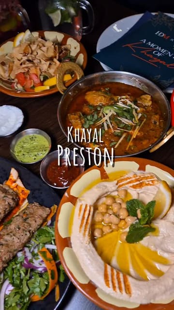 A montage showcasing various dishes and the interior of Khayal restaurant in Preston, featuring close-ups of food and drinks.
