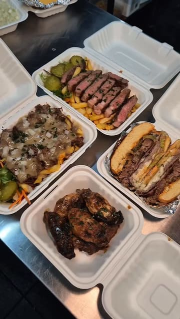 A fast-paced, appetizing montage showcasing various BBQ dishes from a dark kitchen in Bolton, including steak, smash burgers with brisket, and chicken wings.