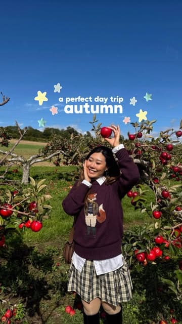 A travel guide video showcasing a day trip from London to Eynsford, Kent, featuring apple picking at Castle Farm, a walk through the village, and a visit to Eynsford Castle.
