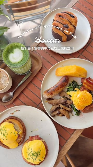 A short, engaging reel showcasing a brunch visit to Boxcar, featuring close-up shots of dishes like Croissant Benedict, a full breakfast, and pastries, alongside glimpses of the cafe's outdoor seating.