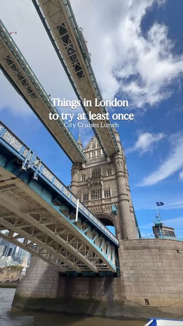 The video is a montage showcasing a lunch cruise experience on the River Thames in London. It features shots of the boat, the two-course meal served on board, and various iconic landmarks passed during the cruise, such as Tower Bridge, the London Eye, and Big Ben.