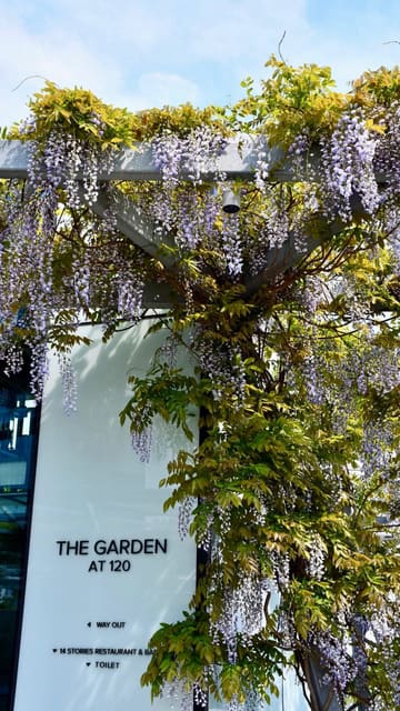A short, aesthetic montage showcasing the wisteria and city skyline views at The Garden at 120 in London, presented as a travel recommendation.