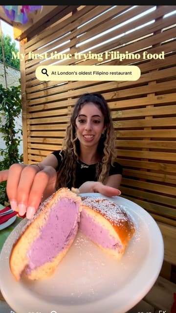 A creator visits Bintang, London's oldest Filipino restaurant, to try a variety of dishes including spring rolls, hot honey wings, bagoong fried rice, oxtail kare kare, seafood palabok, buko pie, and an ube ice cream sandwich. The video features a tour of the venue and a detailed look at the menu and drinks.