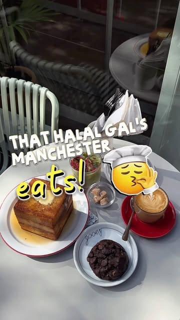 A listicle-style video featuring four halal-friendly dining spots in Manchester, showcasing a variety of dishes including French toast, birria tacos, Thai-Hong Kong fusion, and Pakistani karahi.