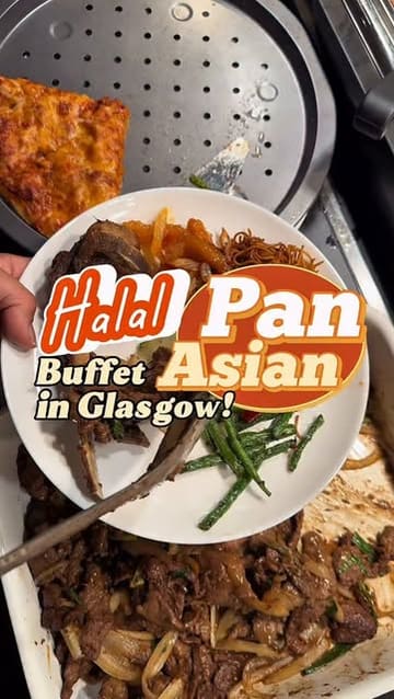 A video showcasing a new Halal Pan-Asian buffet restaurant in Glasgow, highlighting the variety of food available, the interior decor, and the dining experience.