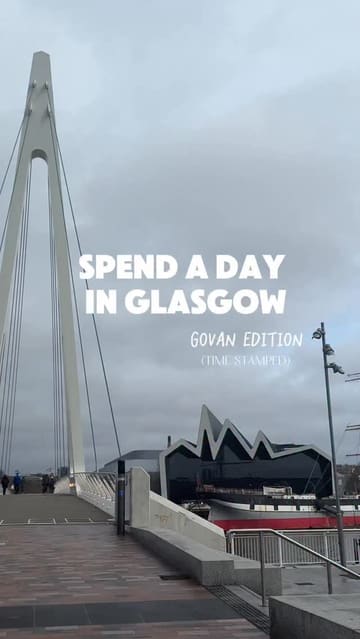 A short-form video guide documenting a day out in the Govan area of Glasgow, featuring a breakfast stop, a sports activity, a museum visit, and a coffee/pastry break.