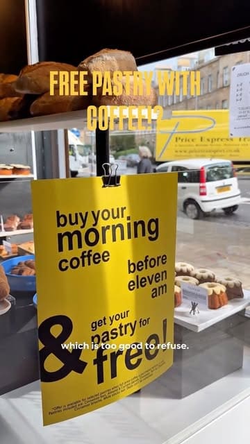 A couple visits My Home Bakery in Glasgow to verify and showcase a promotional offer where customers receive a free pastry with the purchase of a hot drink before 11:00 am.