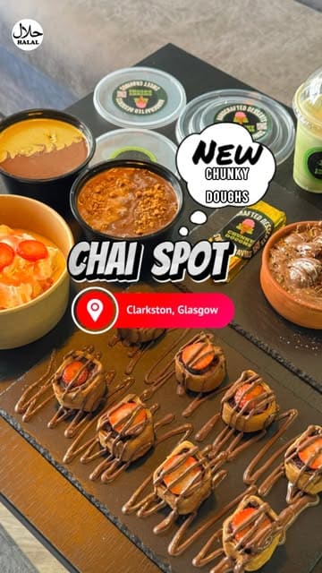 A review of a dessert and cafe spot in Glasgow called Chunky Doughs, showcasing a variety of sweet and savoury fusion dishes, including Karak chai, matcha latte, and various desserts.