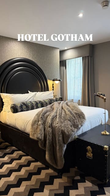 A short, handheld tour of a room at Hotel Gotham in Newcastle, showcasing the art deco interior, the bathroom, and the well-stocked minibar.