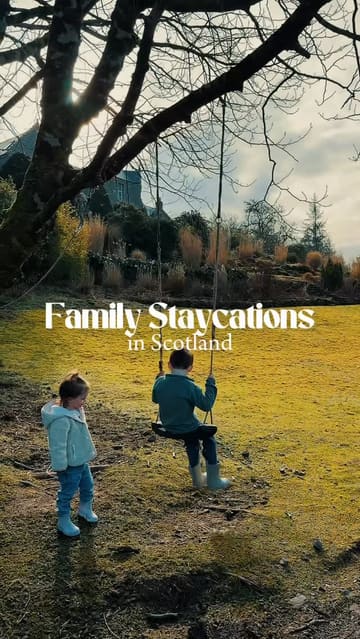 A compilation reel showcasing various family-friendly staycation venues in Scotland, highlighting amenities like swimming pools, saunas, outdoor cinemas, and scenic views.