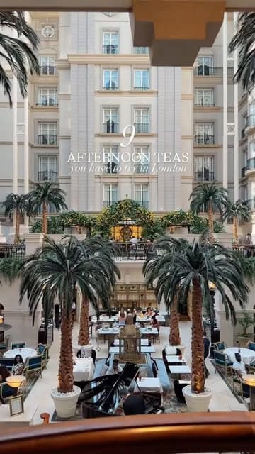 A visually appealing listicle video showcasing nine luxury afternoon tea experiences across various high-end London hotels, featuring shots of the venue interiors, tea service, and delicate pastries.