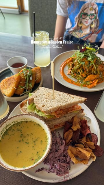 A reel showcasing a visit to a garden centre cafe, featuring shots of the food, drinks, and the garden centre's plant and home decor sections.