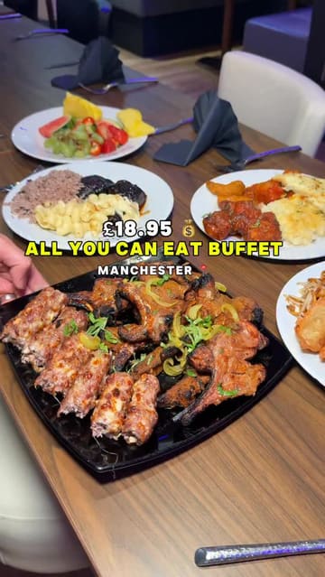 A fast-paced promotional video showcasing an all-you-can-eat international buffet in Bury, Manchester, highlighting the wide variety of cuisines available and the affordable price point.