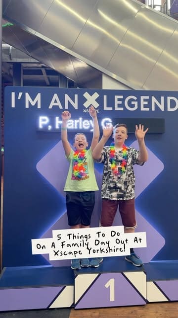 A family-focused vlog showcasing five different activities at Xscape Yorkshire, including a trampoline park, interactive gaming, a meal at TGI Fridays, adventure golf, and a cinema visit.