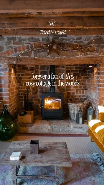 A serene and aesthetic tour of a secluded cottage in the woods, highlighting the cozy interior, fireplace, bedroom, and outdoor amenities like the hot tub and scenic views.