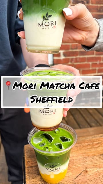 A vlog-style review of Mori Matcha in Sheffield, showcasing the preparation of various matcha drinks, the cafe's interior, and its rooftop terrace.