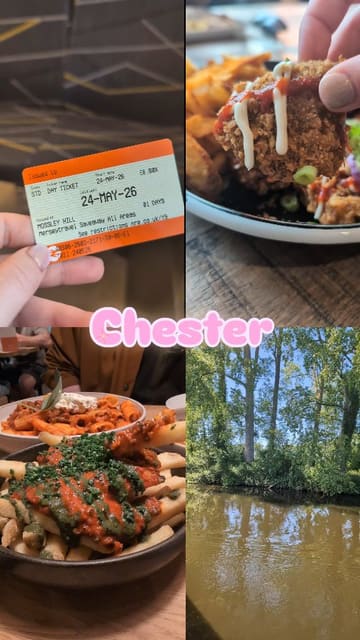A day in the life vlog following a vegan itinerary in Chester, featuring stops at a coffee shop, market food stall, boat trip, pub, and restaurant.