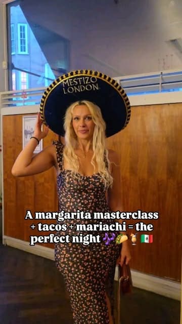 A creator attends a margarita masterclass at Mestizo London, featuring clips of the cocktail-making process, live mariachi music, and a spread of Mexican dishes including guacamole, tacos, and churros.