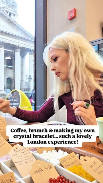 A video showcasing a cafe in Holborn that offers a DIY crystal bracelet-making activity alongside brunch and coffee. The creator demonstrates the process of selecting beads and assembling the bracelet, interspersed with shots of the food and the venue's interior.