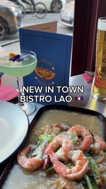 A montage showcasing the interior, menu, cocktails, and various Laotian and Thai dishes at Bistro Lao in Liverpool, highlighting the atmosphere and food presentation.
