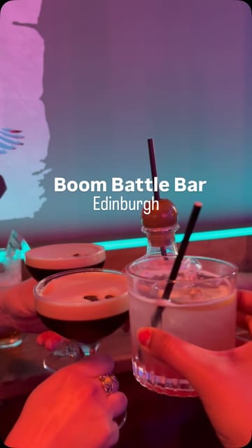 A short, energetic video showcasing a visit to Boom Battle Bar in Edinburgh, highlighting the combination of competitive socialising games like darts and mini golf with casual dining and cocktails.