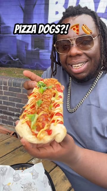A creator reviews a 'Pizza Dog' fusion dish at The Flapper, showcasing three different flavor variations: The OG, The Spicy One, and The Curried Dog.