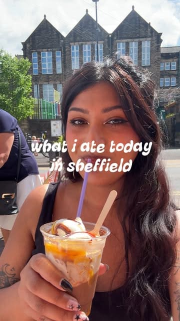 A personal vlog documenting a day of eating in Sheffield, visiting a bakery, a pitta shop, a cafe for sweet treats, and ending with a pizza takeaway.