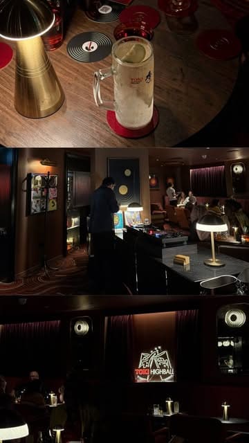 A couple visits The Caley Bar for a 'Toki-o nights' listening experience, featuring Suntory Toki whisky highballs, vinyl record listening stations, prize scratch cards, and small plates in an atmospheric, dark bar setting.