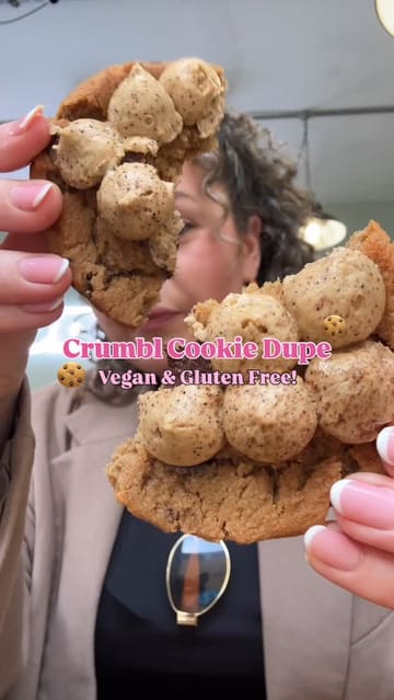 A short vlog-style video featuring a visit to The After School Cookie Club, highlighting their range of vegan and gluten-free cookies. The creator showcases the shop exterior, the display case, and takes a bite of a cookie, positioning it as a 'Crumbl' alternative.