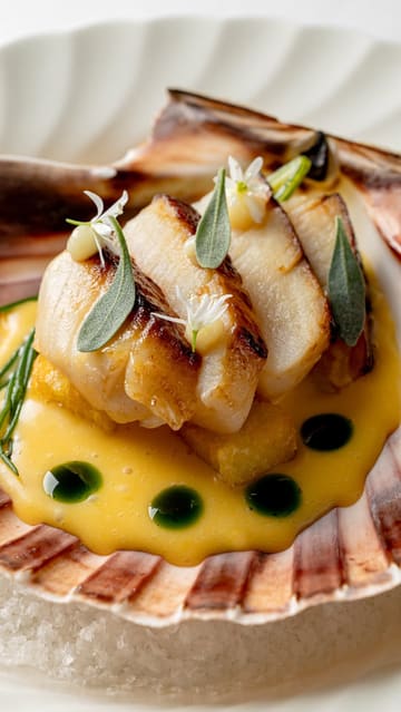 A short, high-quality video focusing on the preparation and plating of hand-dived Orkney scallops by a private chef. The footage captures the searing, basting, and final presentation of the dish.