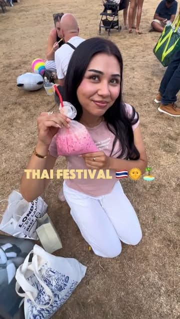 A vlog-style video showcasing a visit to a Thai festival in Cambridge, highlighting the atmosphere, live music, and various street food items like Thai milk tea, a corn dog, and roti.