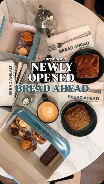 A short, upbeat reel showcasing the opening of a new Bread Ahead bakery in Harpenden, featuring their signature donuts, pastries, and coffee, with a glimpse of the seating area and upcoming bakery school.