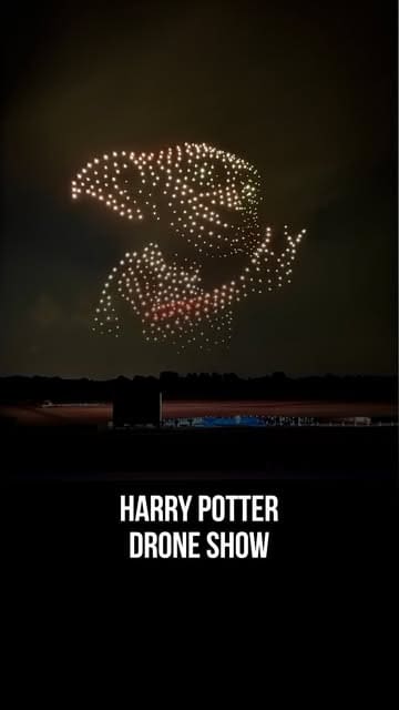A promotional video showcasing a Harry Potter-themed drone show in London, featuring various aerial formations of characters and symbols from the films set to music.