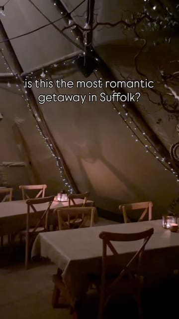 A montage showcasing a stay at Tuddenham Mill in Suffolk, featuring the room, the tipi dining experience, and various food items like a venison burger and desserts.