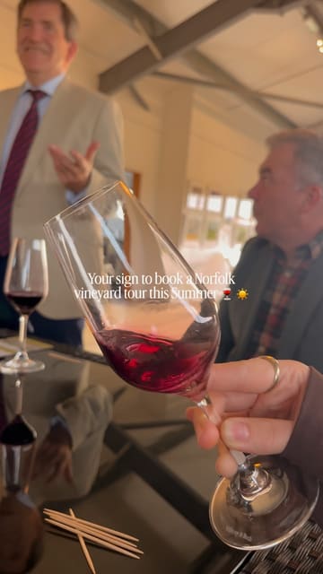 A montage video showcasing a visit to Chet Vineyard in Norfolk, featuring shots of the vineyard at sunset, a wine tasting session with a talk from the winemaker, and close-ups of wine and small bites.