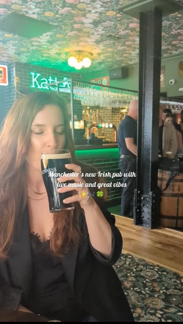 A short, energetic video showcasing a visit to Katie O'Brien's, a new Irish pub in Manchester. The footage highlights the lively atmosphere, live music, and the range of drinks on offer, including Guinness and Baby Guinness shots.